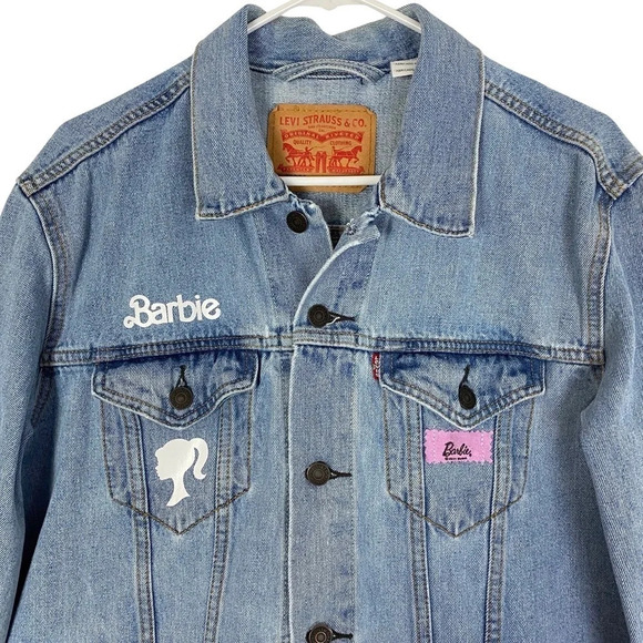 Levis Barbie Denim Boyfriend Trucker Jean Jacket Womens Large Blue Pink Core - Picture 3 of 16